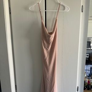 Light Pink Cowl Neck Spaghetti Strap Midi Bridesmaid Dress